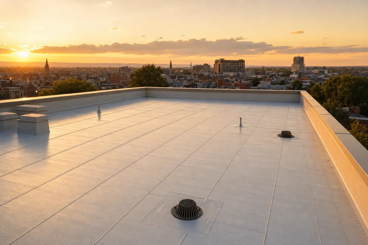 A well-maintained commercial low-slope roof at golden hour with neat membrane seams and clean roof drains